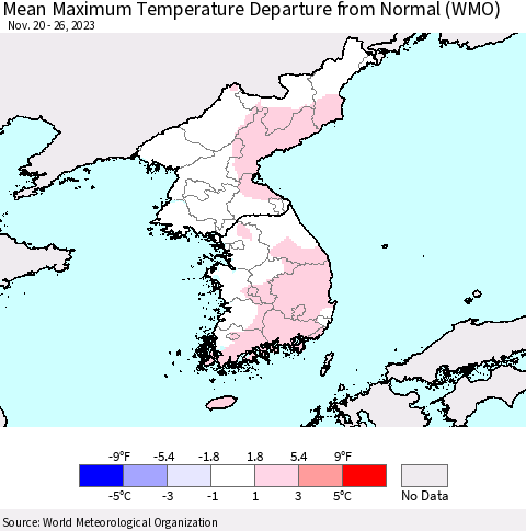 Korea Mean Maximum Temperature Departure from Normal (WMO) Thematic Map For 11/20/2023 - 11/26/2023