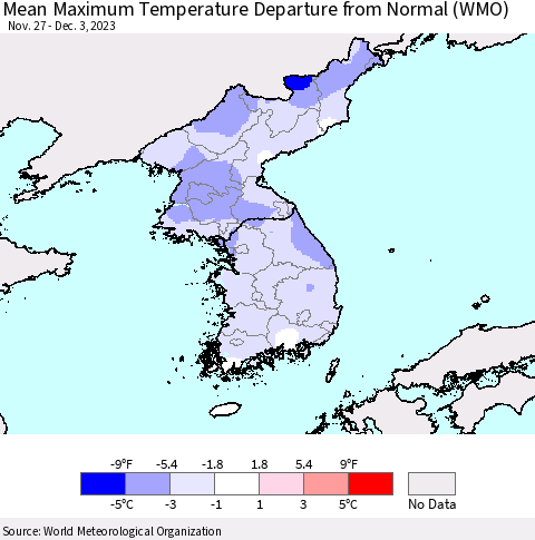 Korea Mean Maximum Temperature Departure from Normal (WMO) Thematic Map For 11/27/2023 - 12/3/2023