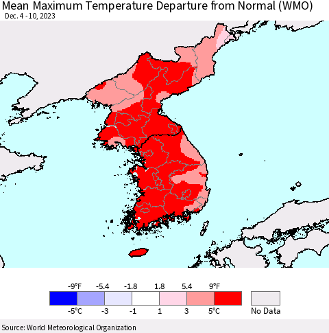 Korea Mean Maximum Temperature Departure from Normal (WMO) Thematic Map For 12/4/2023 - 12/10/2023