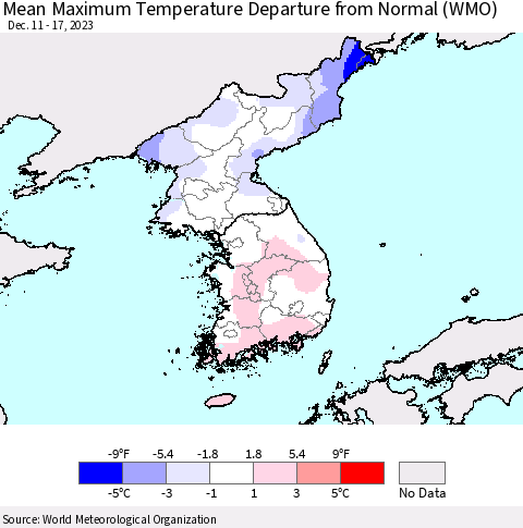 Korea Mean Maximum Temperature Departure from Normal (WMO) Thematic Map For 12/11/2023 - 12/17/2023