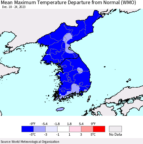 Korea Mean Maximum Temperature Departure from Normal (WMO) Thematic Map For 12/18/2023 - 12/24/2023