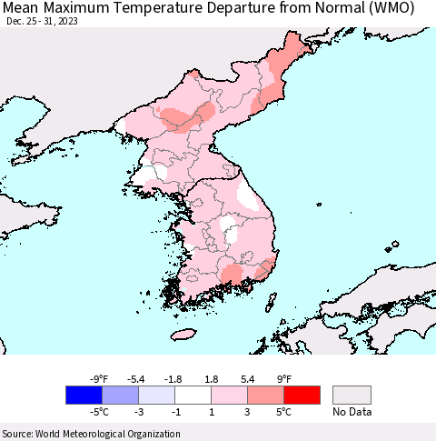 Korea Mean Maximum Temperature Departure from Normal (WMO) Thematic Map For 12/25/2023 - 12/31/2023