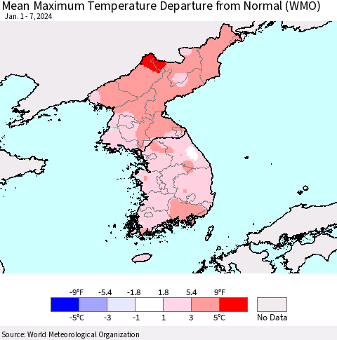 Korea Mean Maximum Temperature Departure from Normal (WMO) Thematic Map For 1/1/2024 - 1/7/2024