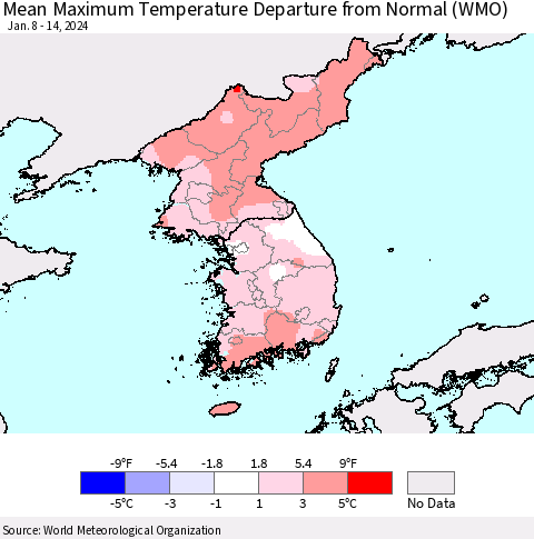 Korea Mean Maximum Temperature Departure from Normal (WMO) Thematic Map For 1/8/2024 - 1/14/2024