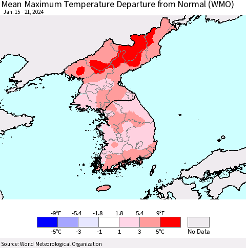 Korea Mean Maximum Temperature Departure from Normal (WMO) Thematic Map For 1/15/2024 - 1/21/2024