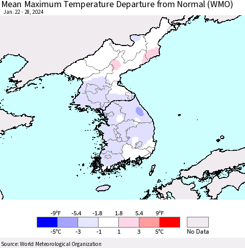 Korea Mean Maximum Temperature Departure from Normal (WMO) Thematic Map For 1/22/2024 - 1/28/2024