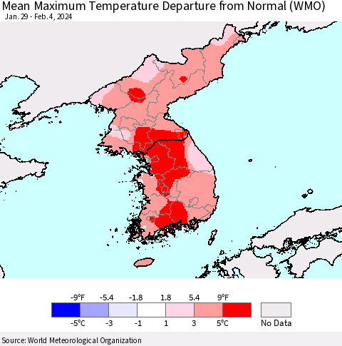Korea Mean Maximum Temperature Departure from Normal (WMO) Thematic Map For 1/29/2024 - 2/4/2024