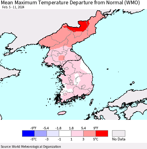 Korea Mean Maximum Temperature Departure from Normal (WMO) Thematic Map For 2/5/2024 - 2/11/2024