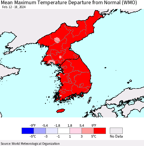 Korea Mean Maximum Temperature Departure from Normal (WMO) Thematic Map For 2/12/2024 - 2/18/2024