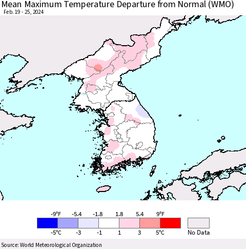 Korea Mean Maximum Temperature Departure from Normal (WMO) Thematic Map For 2/19/2024 - 2/25/2024