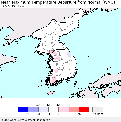 Korea Mean Maximum Temperature Departure from Normal (WMO) Thematic Map For 2/26/2024 - 3/3/2024
