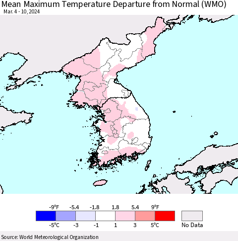 Korea Mean Maximum Temperature Departure from Normal (WMO) Thematic Map For 3/4/2024 - 3/10/2024