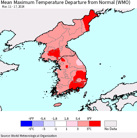 Korea Mean Maximum Temperature Departure from Normal (WMO) Thematic Map For 3/11/2024 - 3/17/2024