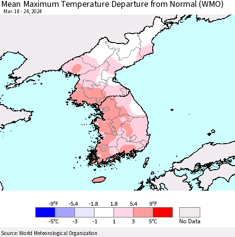 Korea Mean Maximum Temperature Departure from Normal (WMO) Thematic Map For 3/18/2024 - 3/24/2024