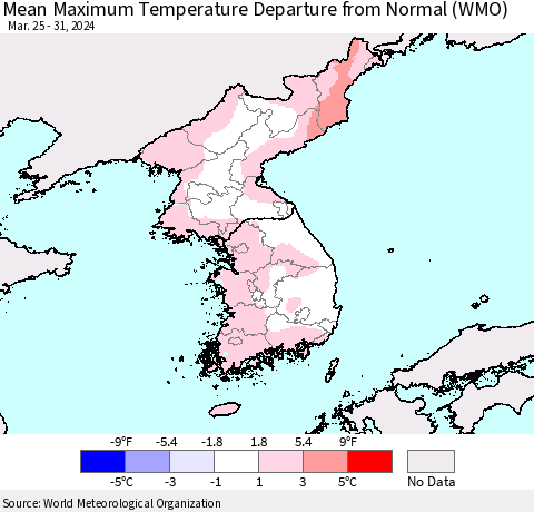 Korea Mean Maximum Temperature Departure from Normal (WMO) Thematic Map For 3/25/2024 - 3/31/2024