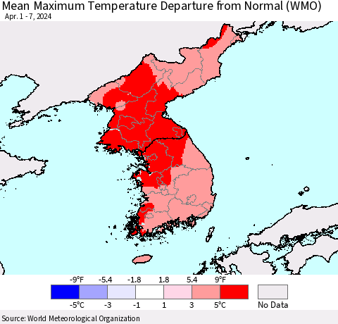 Korea Mean Maximum Temperature Departure from Normal (WMO) Thematic Map For 4/1/2024 - 4/7/2024