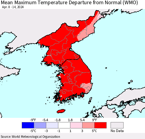 Korea Mean Maximum Temperature Departure from Normal (WMO) Thematic Map For 4/8/2024 - 4/14/2024
