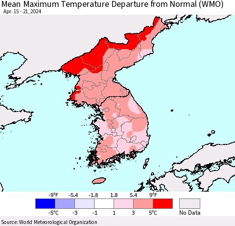 Korea Mean Maximum Temperature Departure from Normal (WMO) Thematic Map For 4/15/2024 - 4/21/2024