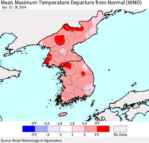 Korea Mean Maximum Temperature Departure from Normal (WMO) Thematic Map For 4/22/2024 - 4/28/2024