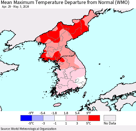Korea Mean Maximum Temperature Departure from Normal (WMO) Thematic Map For 4/29/2024 - 5/5/2024