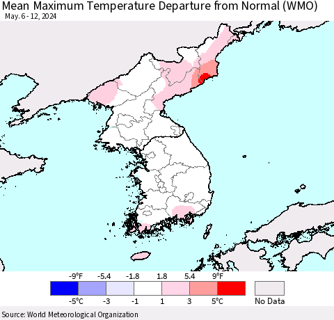 Korea Mean Maximum Temperature Departure from Normal (WMO) Thematic Map For 5/6/2024 - 5/12/2024