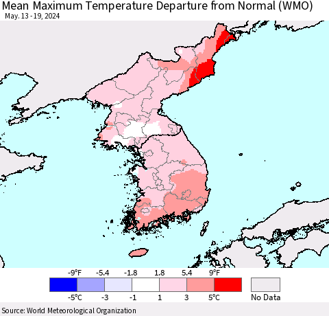 Korea Mean Maximum Temperature Departure from Normal (WMO) Thematic Map For 5/13/2024 - 5/19/2024
