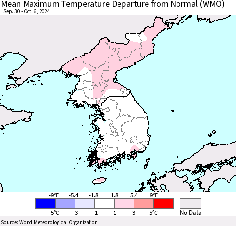 Korea Mean Maximum Temperature Departure from Normal (WMO) Thematic Map For 9/30/2024 - 10/6/2024