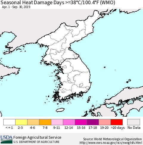 Korea Seasonal Heat Damage Days >=38°C/100°F (WMO) Thematic Map For 4/1/2019 - 9/30/2019