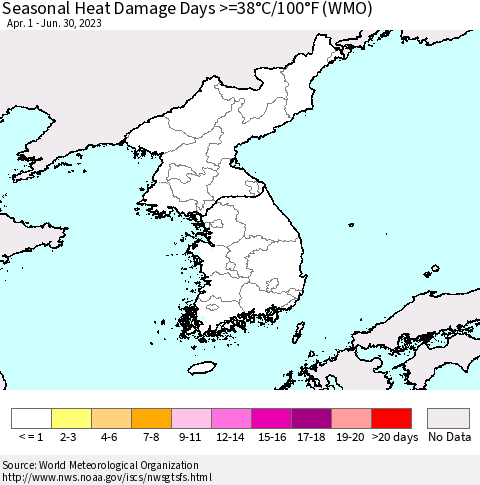 Korea Seasonal Heat Damage Days >=38°C/100°F (WMO) Thematic Map For 4/1/2023 - 6/30/2023