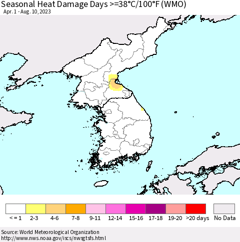 Korea Seasonal Heat Damage Days >=38°C/100°F (WMO) Thematic Map For 4/1/2023 - 8/10/2023