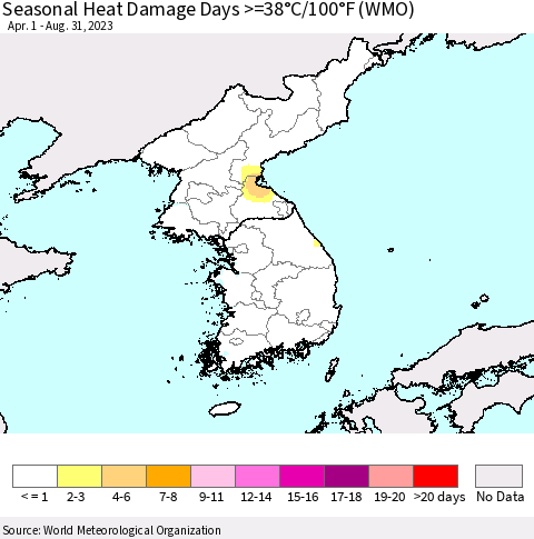 Korea Seasonal Heat Damage Days >=38°C/100°F (WMO) Thematic Map For 4/1/2023 - 8/31/2023