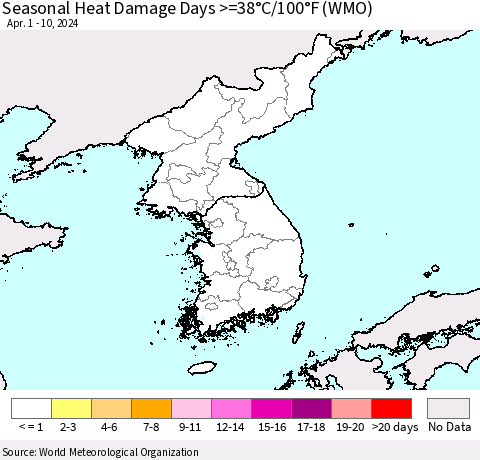 Korea Seasonal Heat Damage Days >=38°C/100°F (WMO) Thematic Map For 4/1/2024 - 4/10/2024