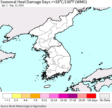 Korea Seasonal Heat Damage Days >=38°C/100°F (WMO) Thematic Map For 4/1/2024 - 9/15/2024