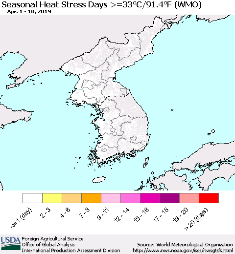 Korea Seasonal Heat Stress Days >=35°C/95°F (WMO) Thematic Map For 4/1/2019 - 4/10/2019