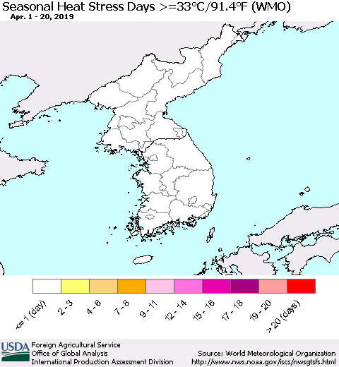 Korea Seasonal Heat Stress Days >=35°C/95°F (WMO) Thematic Map For 4/1/2019 - 4/20/2019