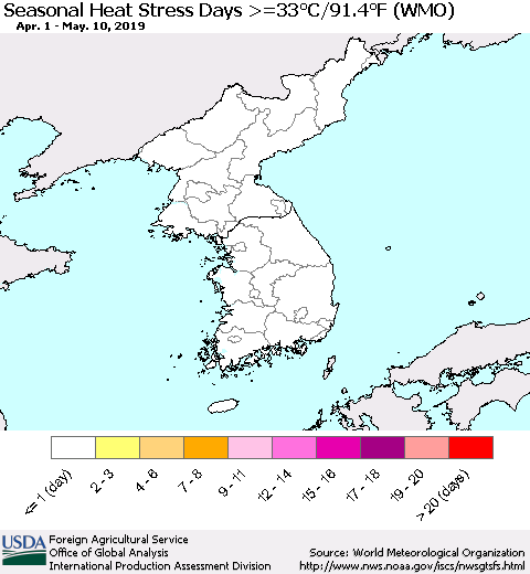 Korea Seasonal Heat Stress Days >=35°C/95°F (WMO) Thematic Map For 4/1/2019 - 5/10/2019