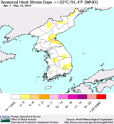 Korea Seasonal Heat Stress Days >=35°C/95°F (WMO) Thematic Map For 4/1/2019 - 5/31/2019