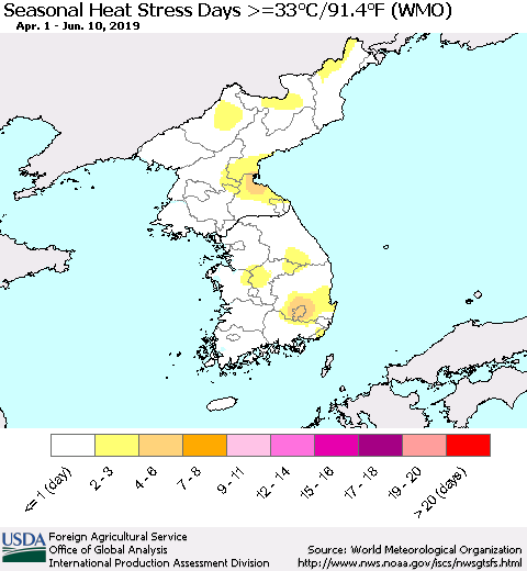 Korea Seasonal Heat Stress Days >=35°C/95°F (WMO) Thematic Map For 4/1/2019 - 6/10/2019