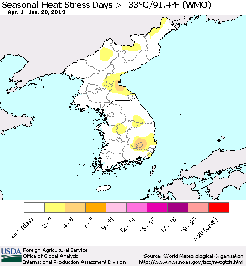 Korea Seasonal Heat Stress Days >=35°C/95°F (WMO) Thematic Map For 4/1/2019 - 6/20/2019