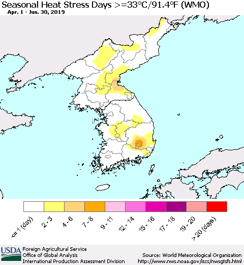 Korea Seasonal Heat Stress Days >=35°C/95°F (WMO) Thematic Map For 4/1/2019 - 6/30/2019