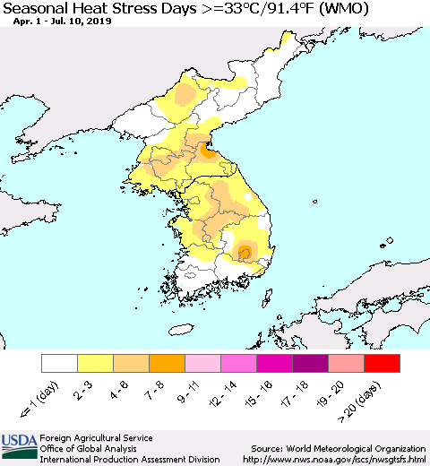 Korea Seasonal Heat Stress Days >=35°C/95°F (WMO) Thematic Map For 4/1/2019 - 7/10/2019