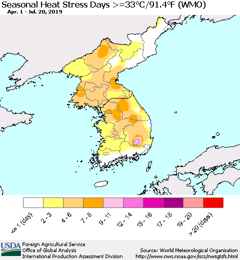 Korea Seasonal Heat Stress Days >=35°C/95°F (WMO) Thematic Map For 4/1/2019 - 7/20/2019