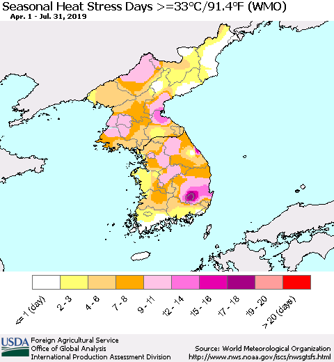 Korea Seasonal Heat Stress Days >=35°C/95°F (WMO) Thematic Map For 4/1/2019 - 7/31/2019
