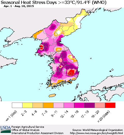 Korea Seasonal Heat Stress Days >=35°C/95°F (WMO) Thematic Map For 4/1/2019 - 8/10/2019