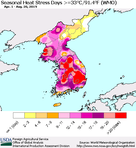 Korea Seasonal Heat Stress Days >=35°C/95°F (WMO) Thematic Map For 4/1/2019 - 8/20/2019
