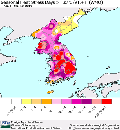 Korea Seasonal Heat Stress Days >=35°C/95°F (WMO) Thematic Map For 4/1/2019 - 9/10/2019