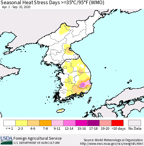 Korea Seasonal Heat Stress Days >=35°C/95°F (WMO) Thematic Map For 4/1/2020 - 9/10/2020