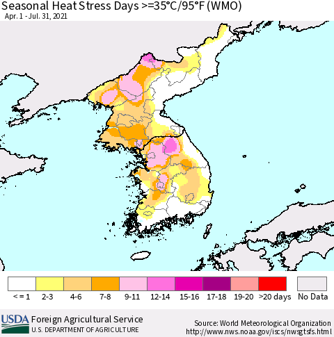 Korea Seasonal Heat Stress Days >=35°C/95°F (WMO) Thematic Map For 4/1/2021 - 7/31/2021