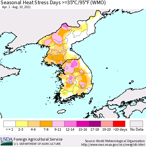 Korea Seasonal Heat Stress Days >=35°C/95°F (WMO) Thematic Map For 4/1/2021 - 8/10/2021