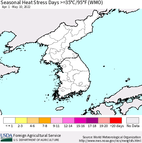 Korea Seasonal Heat Stress Days >=35°C/95°F (WMO) Thematic Map For 4/1/2022 - 5/10/2022